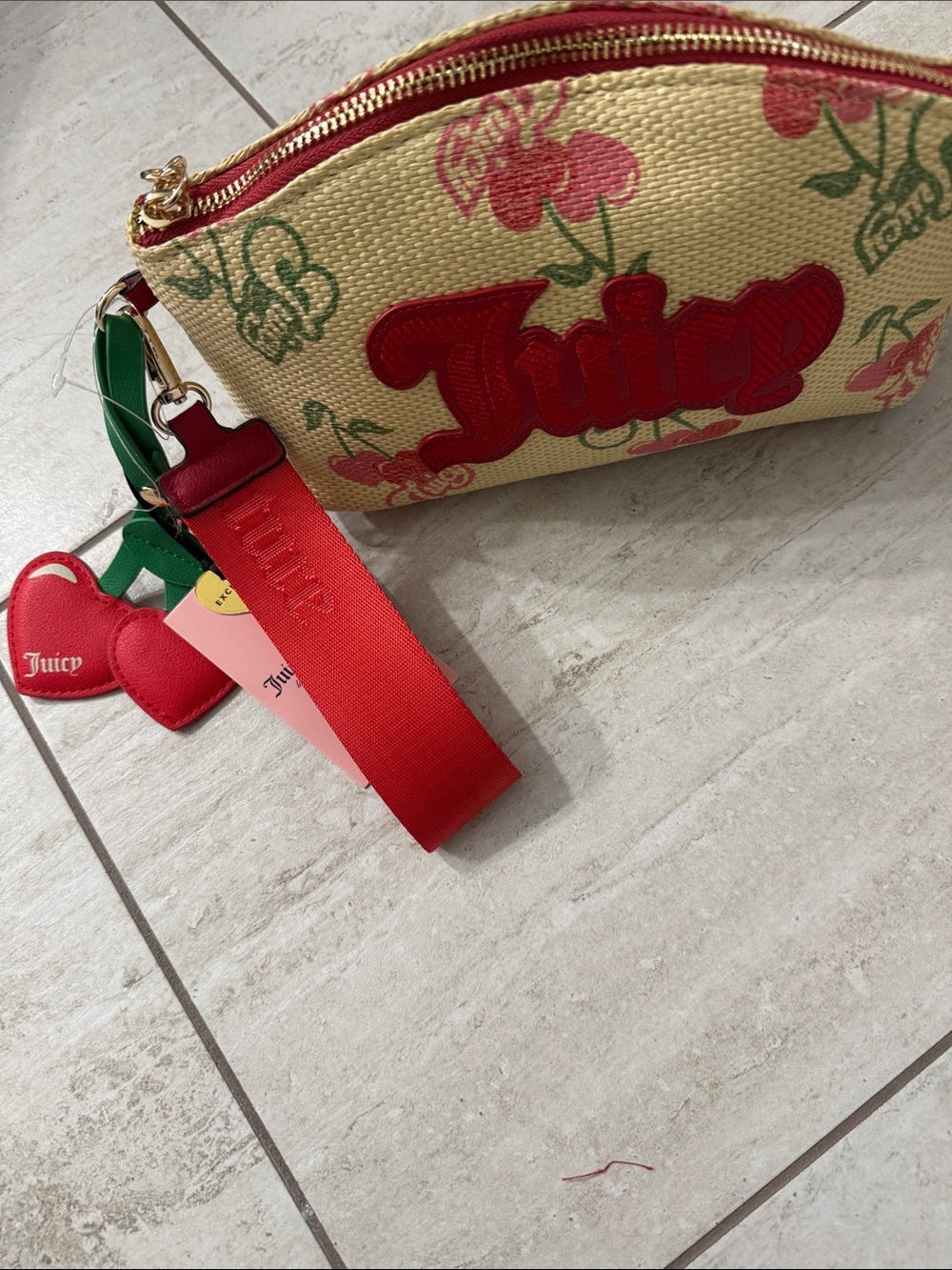 Juicy Couture Straw  Pouch with Red Logo and Floral Print.wristlet